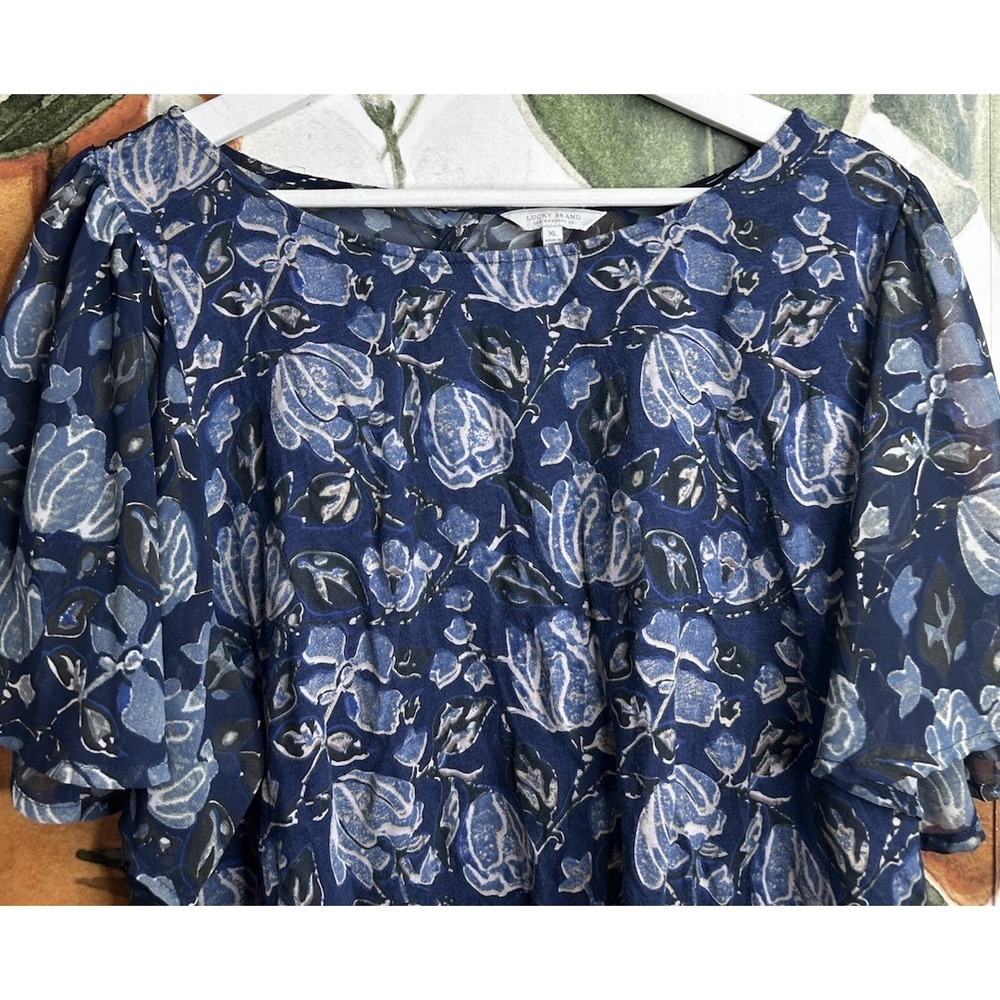 Lucky Brand XL Blue Floral Blouse Open Back Sheer Sleeve Boho Top - Picture 2 of 5
